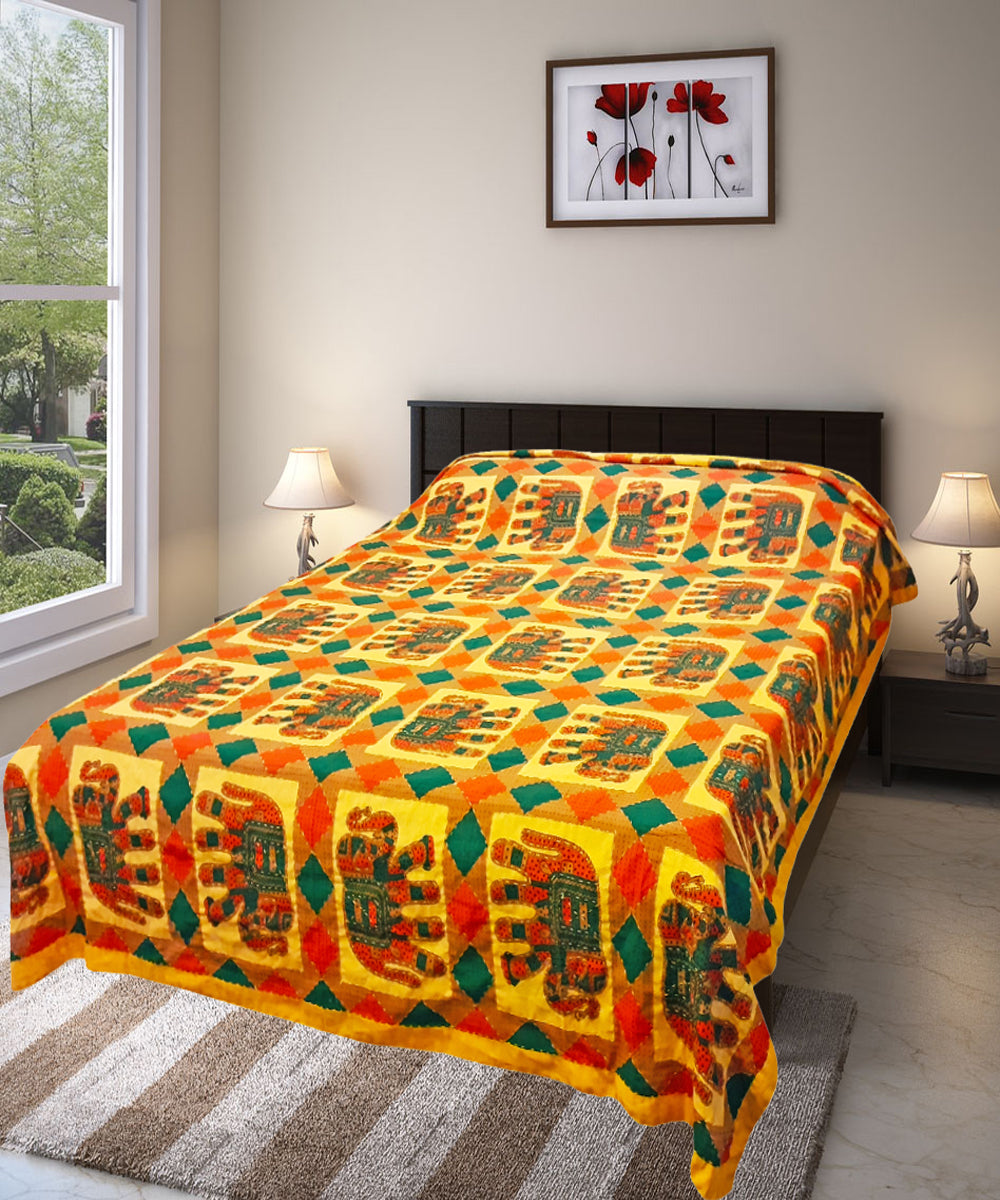 Yellow elephant motif kantha work double layered cotton bed cover
