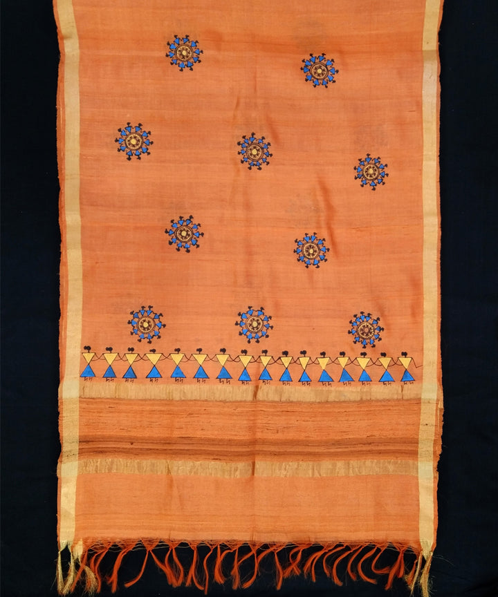 Godana art hand painted orange golden silk dupatta