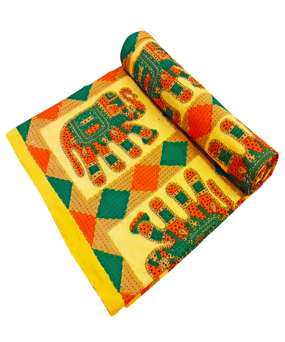 Yellow elephant motif kantha work double layered cotton bed cover