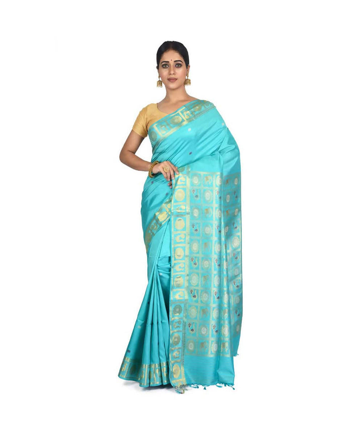 Turquoise Green Bengal handwoven silk saree