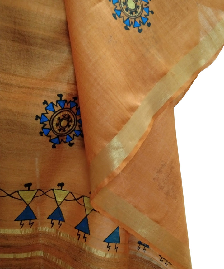 Godana art hand painted orange golden silk dupatta