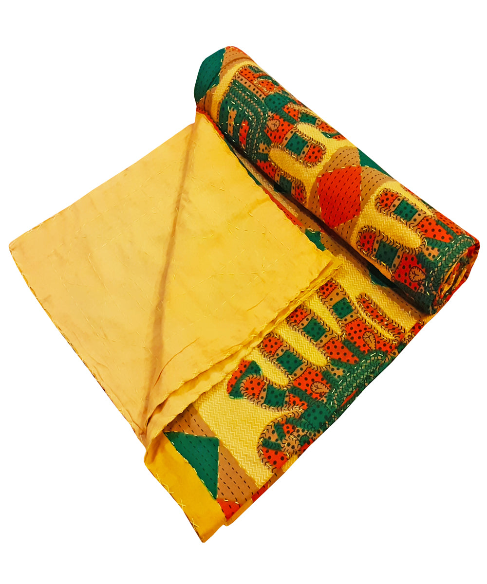 Yellow elephant motif kantha work double layered cotton bed cover