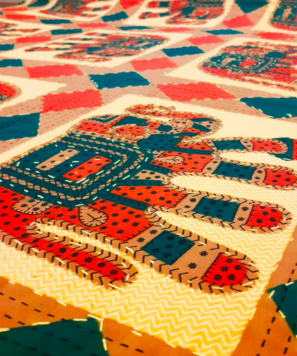 Yellow elephant motif kantha work double layered cotton bed cover