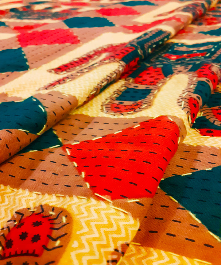 Yellow elephant motif kantha work double layered cotton bed cover