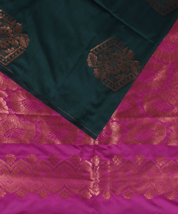 Dark green pink handwoven Karnataka soft silk saree