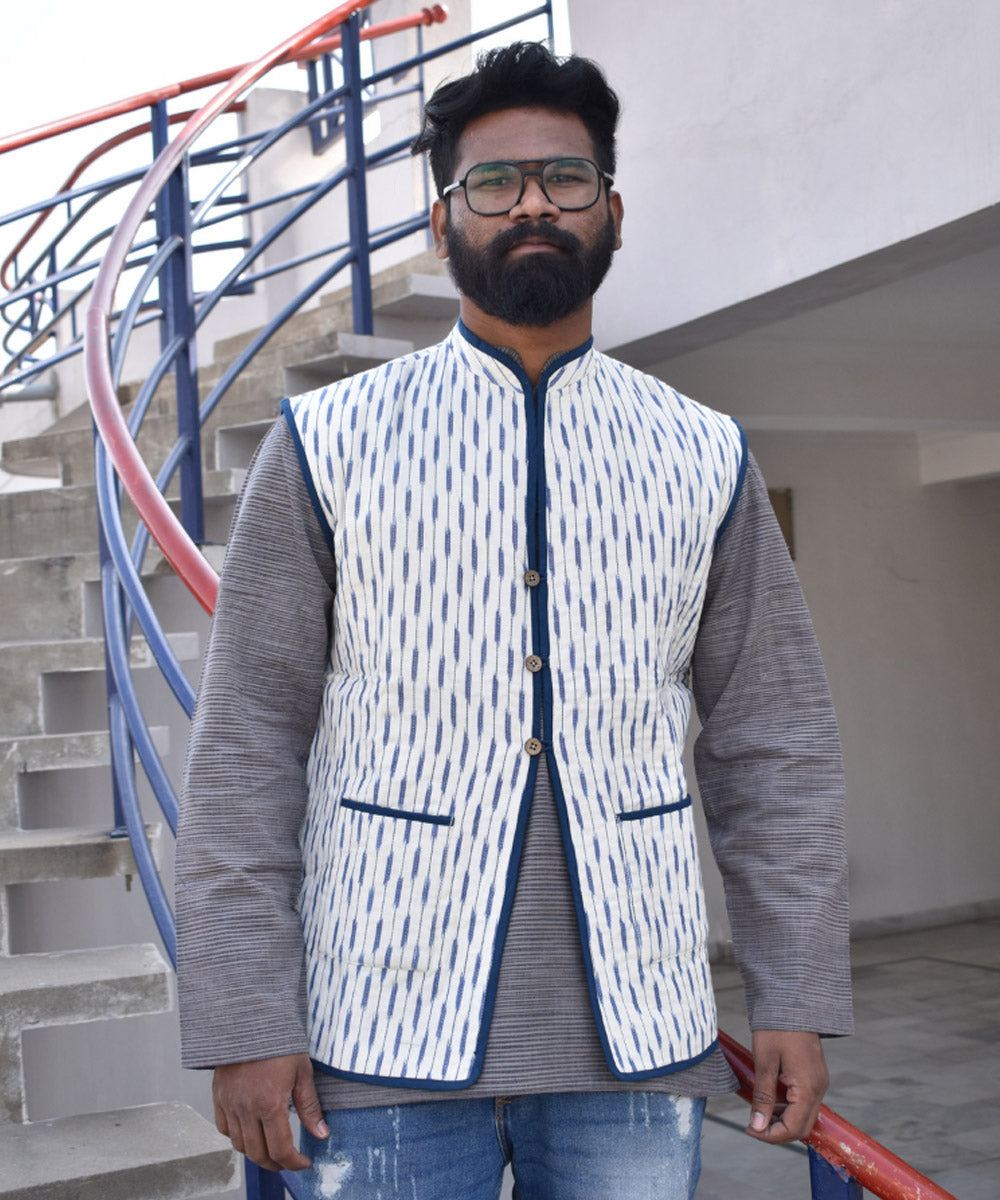 Reversible quilted jacket for men in blue and white handwoven ikat cotton