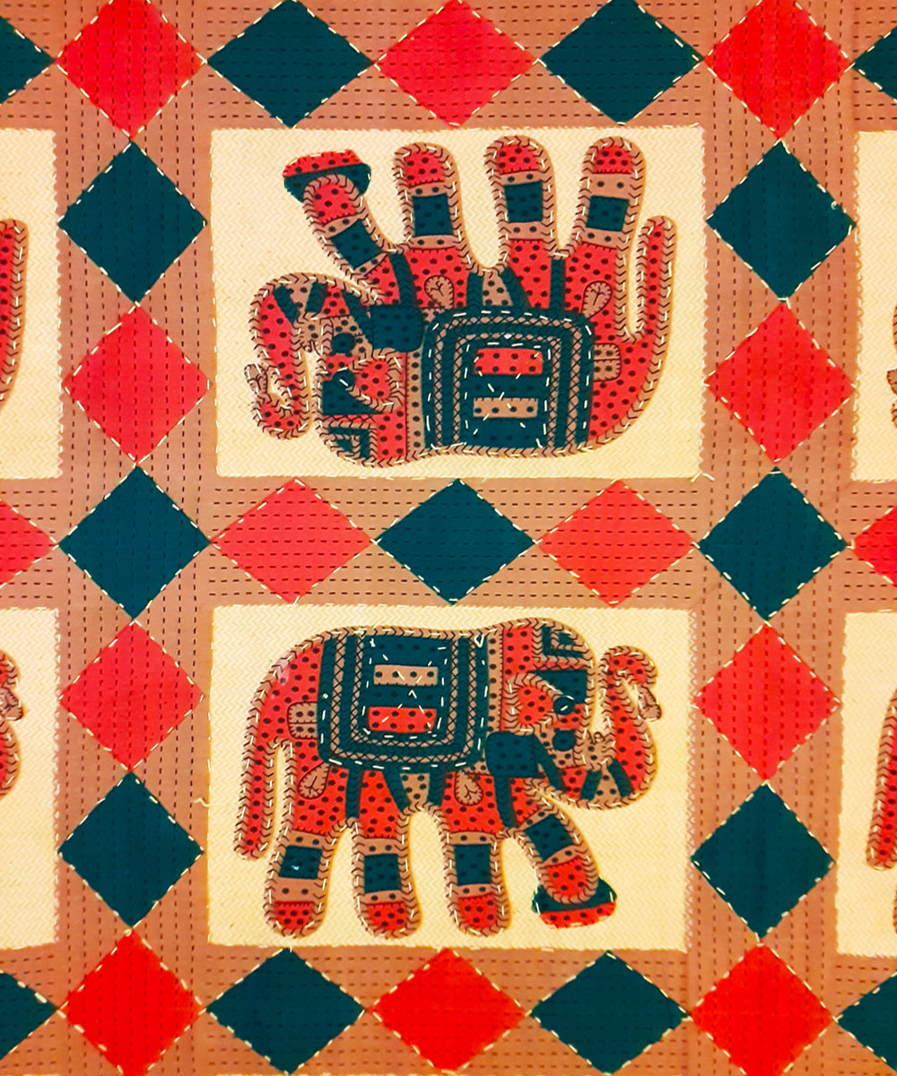 Yellow elephant motif kantha work double layered cotton bed cover