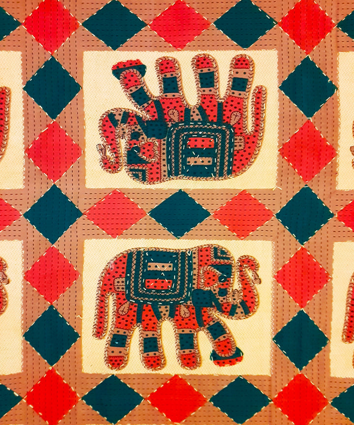 Yellow elephant motif kantha work double layered cotton bed cover