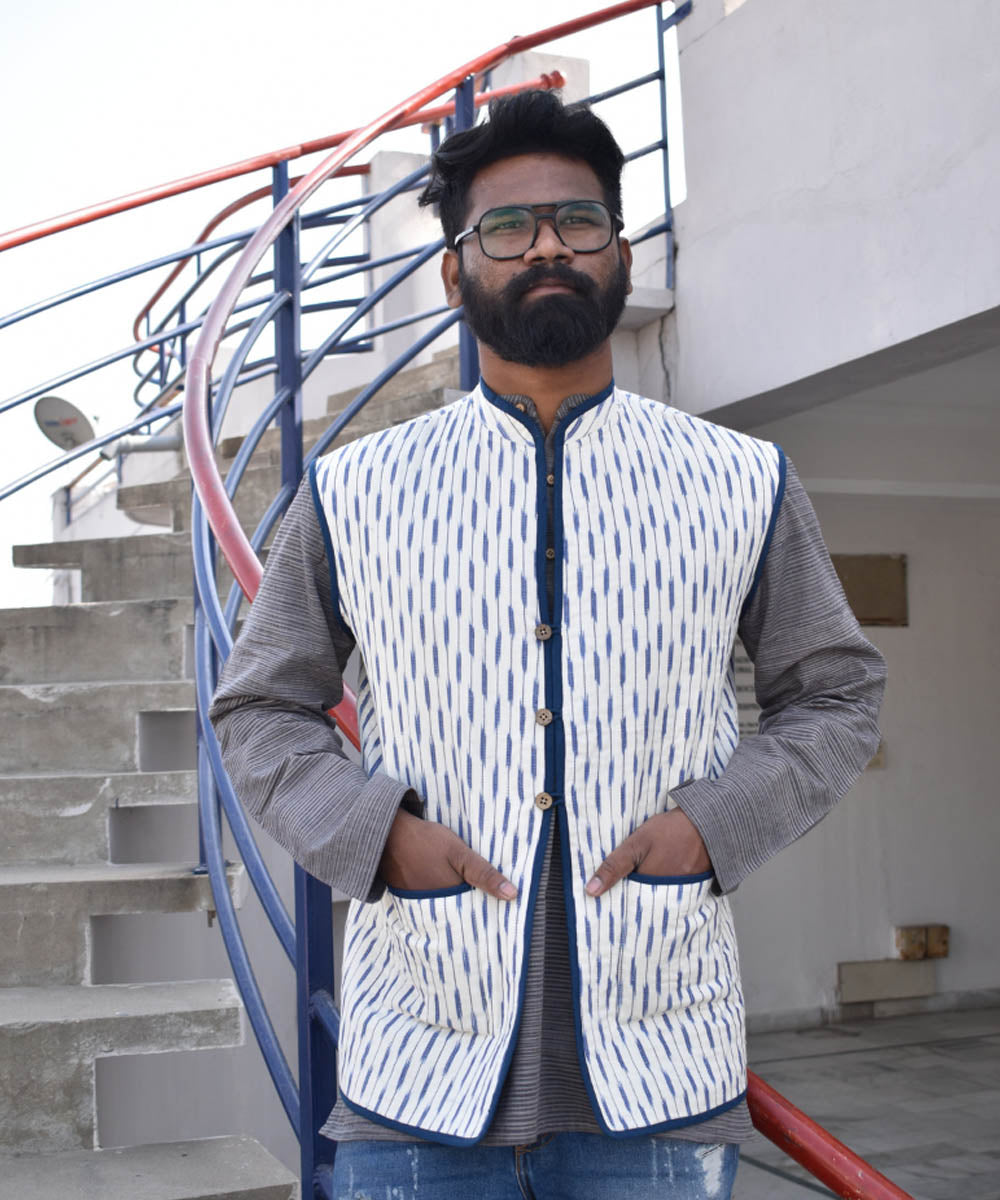 Reversible quilted jacket for men in blue and white handwoven ikat cotton