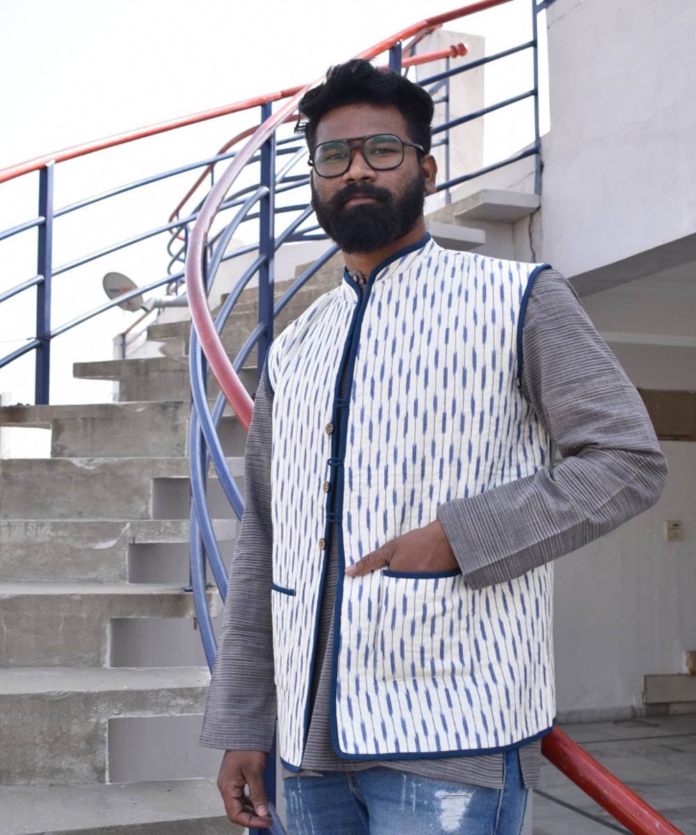 Reversible quilted jacket for men in blue and white handwoven ikat cotton