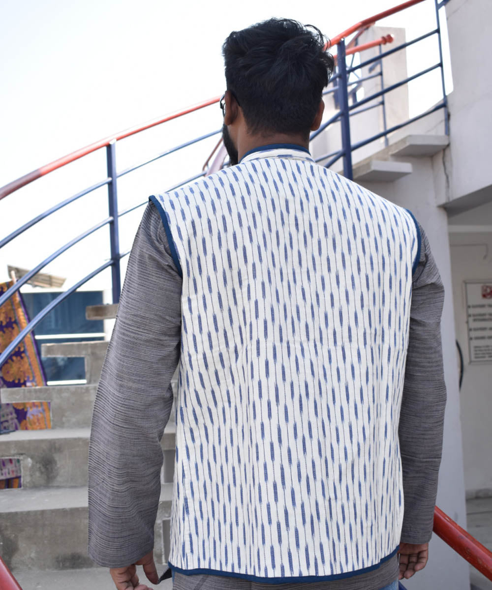 Reversible quilted jacket for men in blue and white handwoven ikat cotton