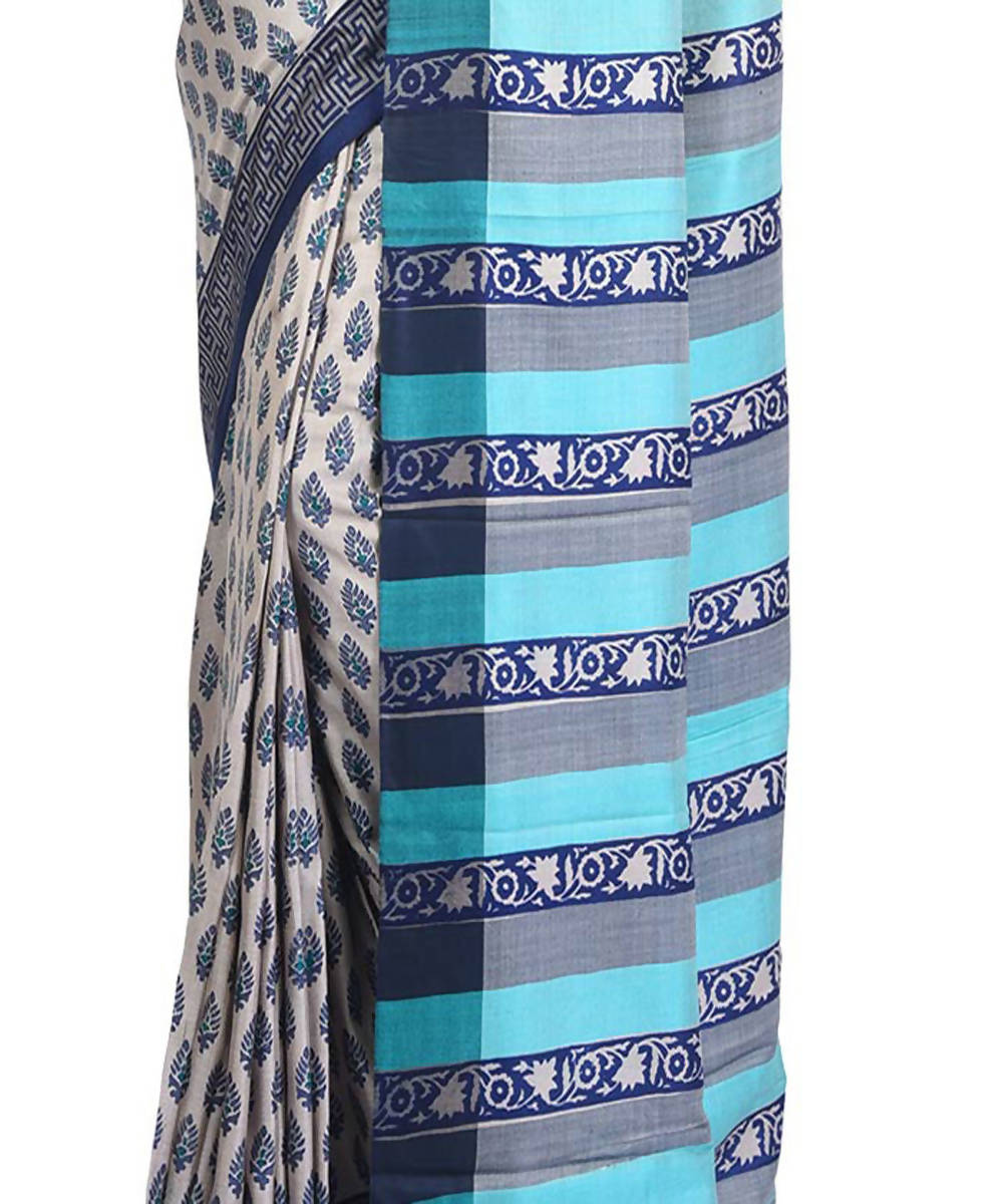 Off white and blue handblock printed eri silk saree