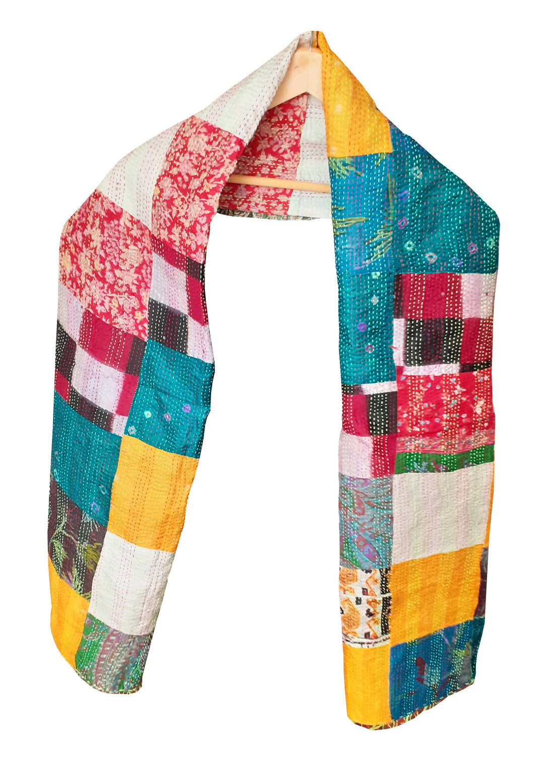 Multicolor Patchwork hand stitched reversible kantha silk shawl