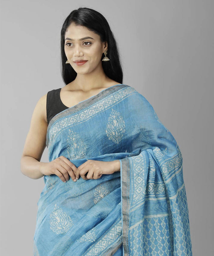 Deep sky blue bagru handblock printed linen saree