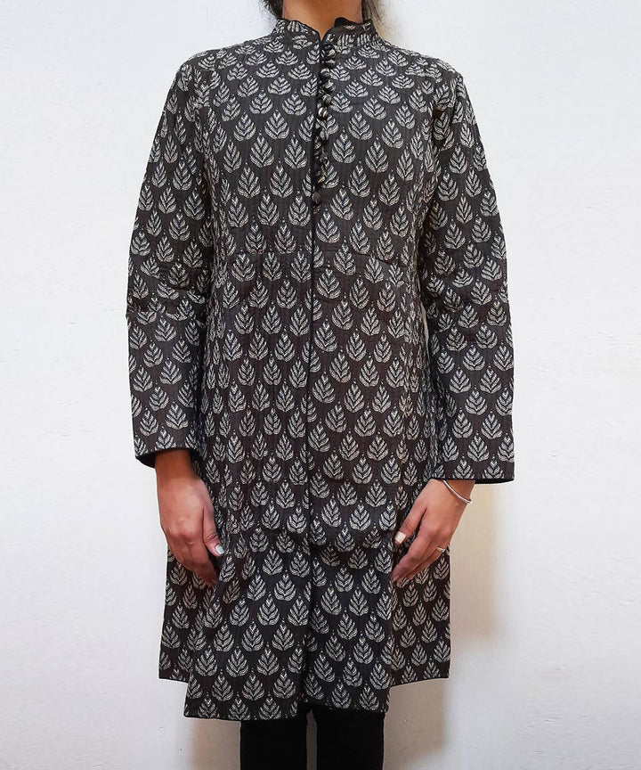 Coffee black handblock printed cotton quilted long jacket