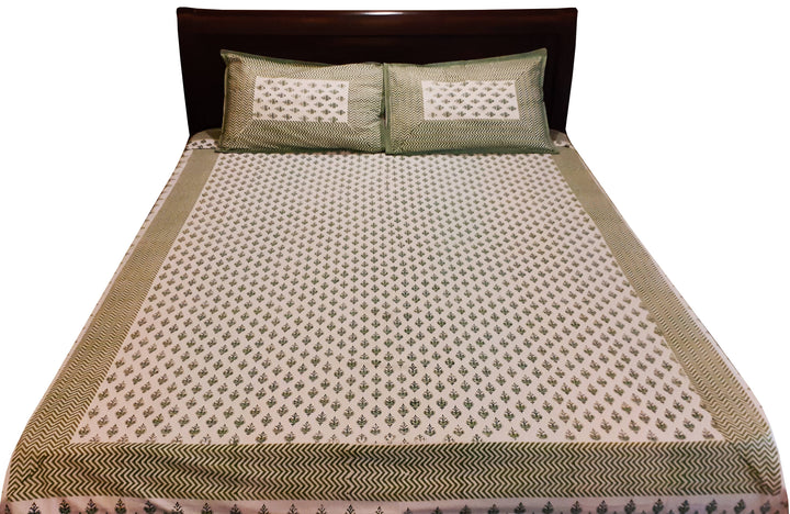 Green off white hand block printed cotton bedsheet with pillow cover