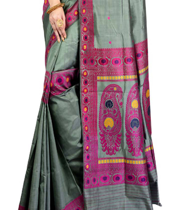 Grey green handwoven baluchari silk saree