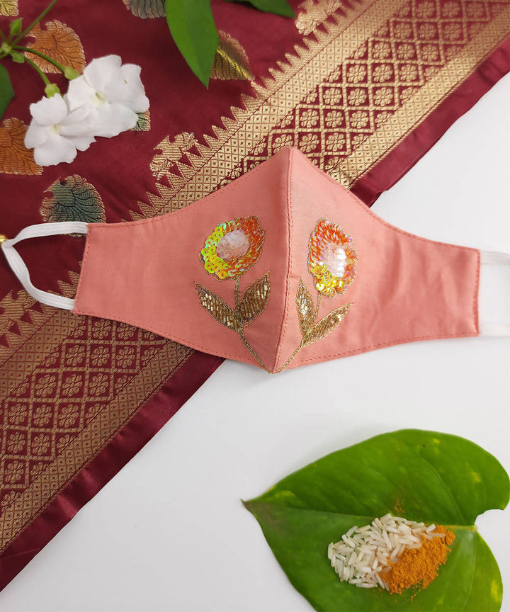 Peach festive hand embroidery face mask