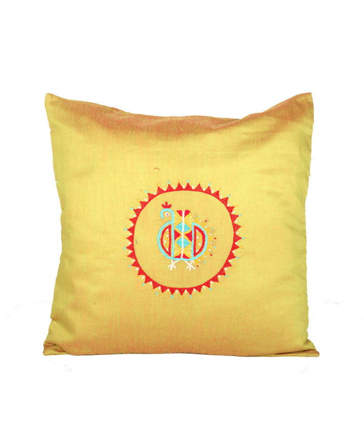 Lemon yellow handcrafted soi embroidery cotton silk cushion cover