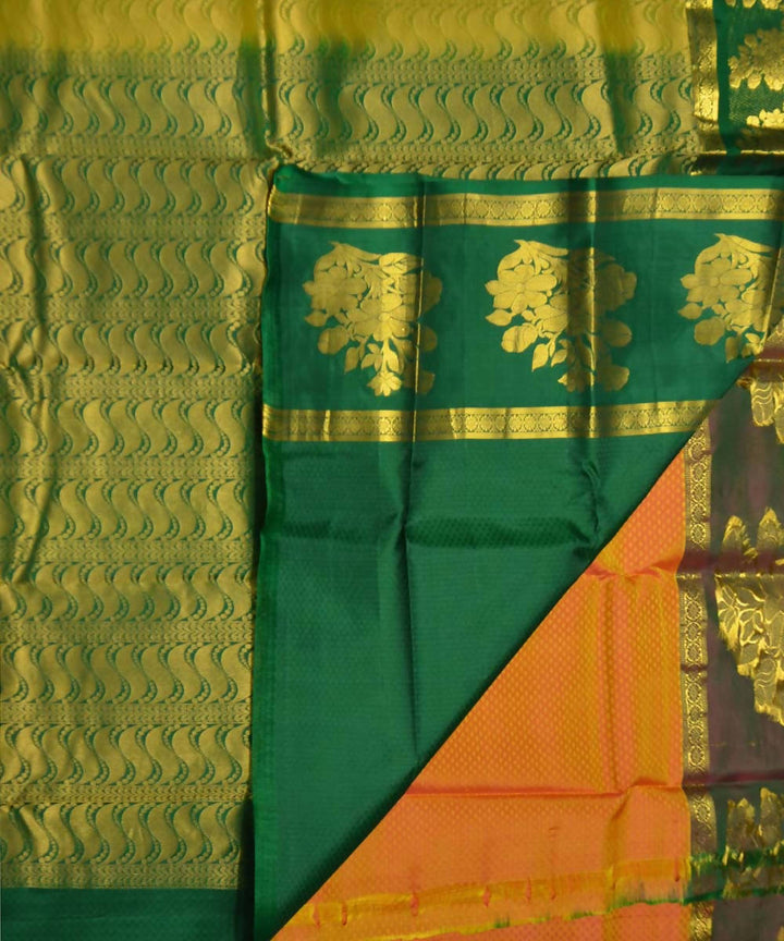 Orange Bottle Green Handloom Embossed Work Dharmavaram Silk Saree