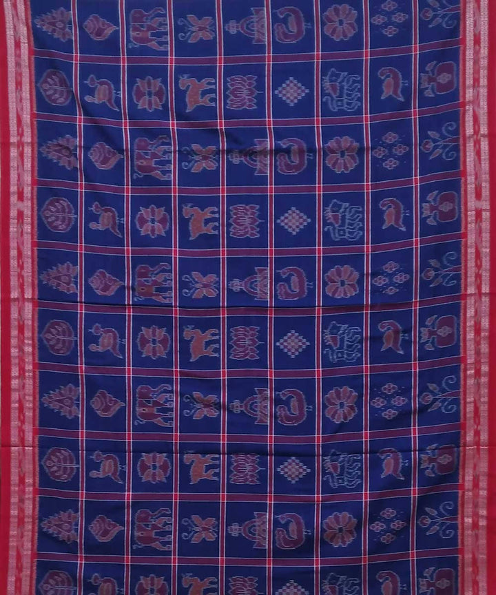 Blue red handwoven nuapatana ikat cotton saree