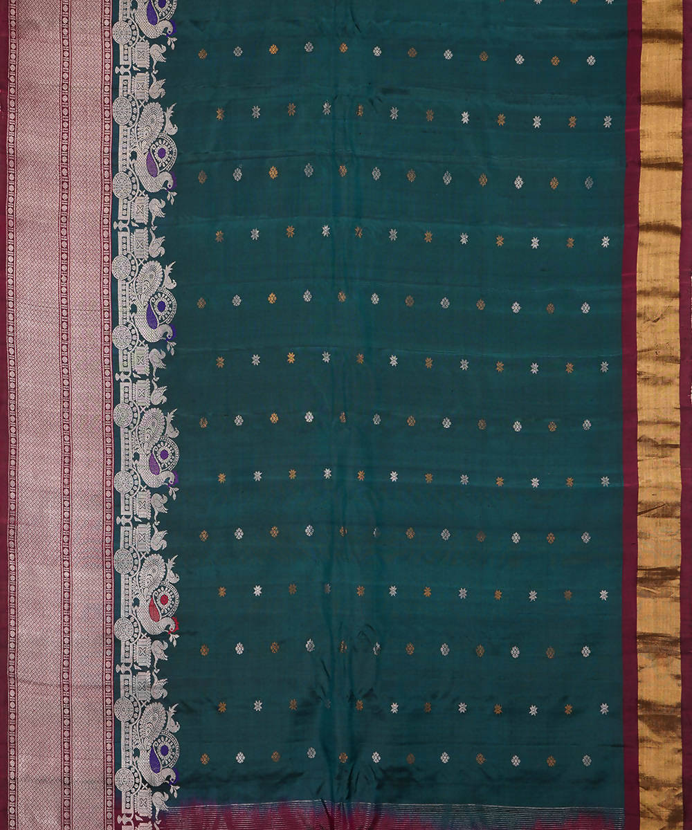 Deep jungle green handwoven silk gadwal saree