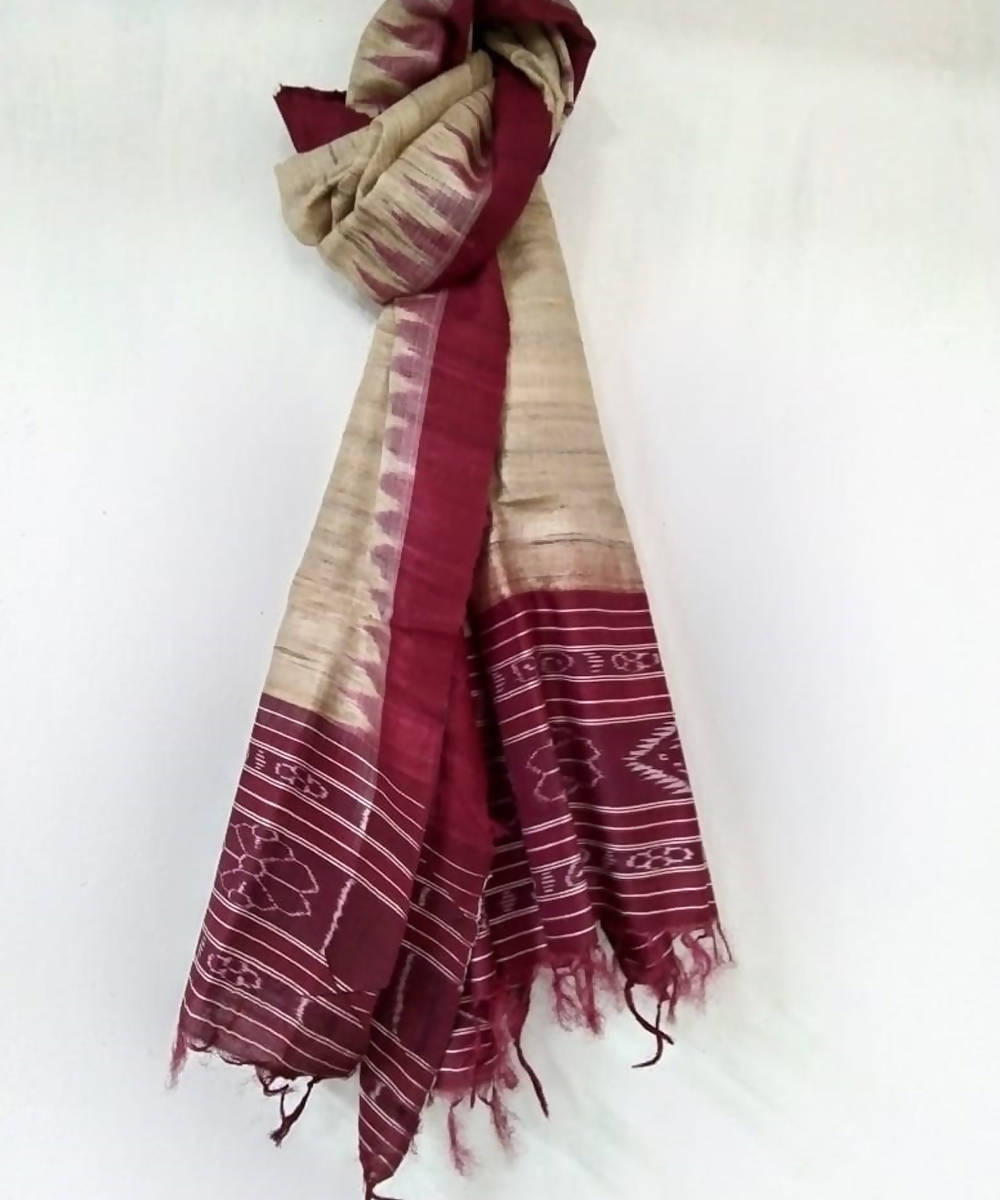 Beige maroon handwoven gopalpur tussar silk stole