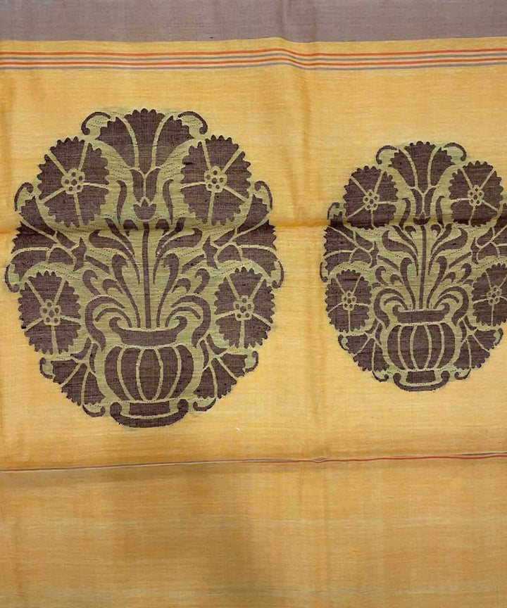 Yellow orange grey handwoven pain tussar silk saree