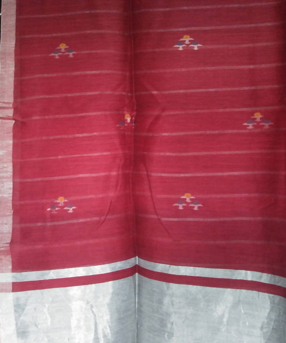 Dark red bengal handwoven linen silk saree