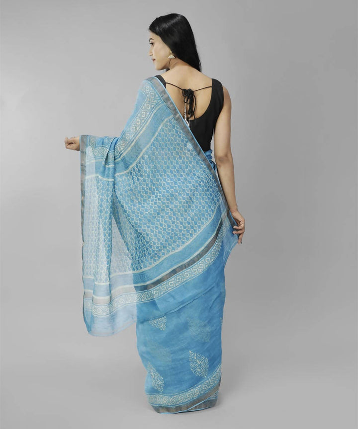 Deep sky blue bagru handblock printed linen saree