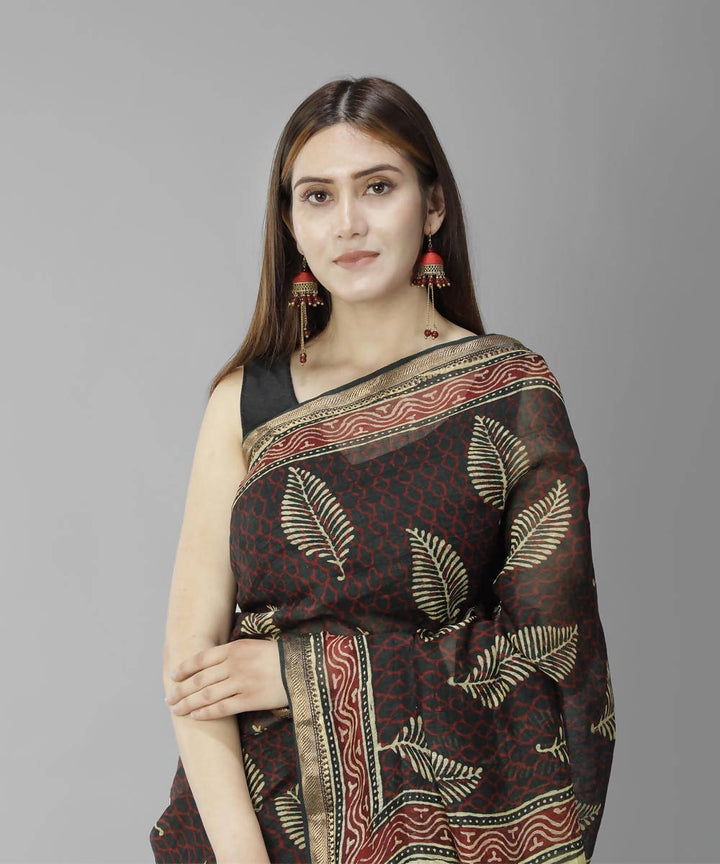 Brown bagru handblock printed linen saree