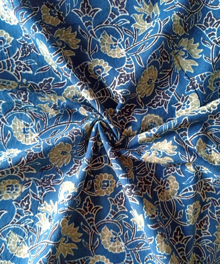 ajrakh blue yellow print handspun handwoven cotton kurta fabric