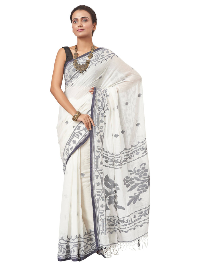 Biswa bangla handwoven white muslin saree