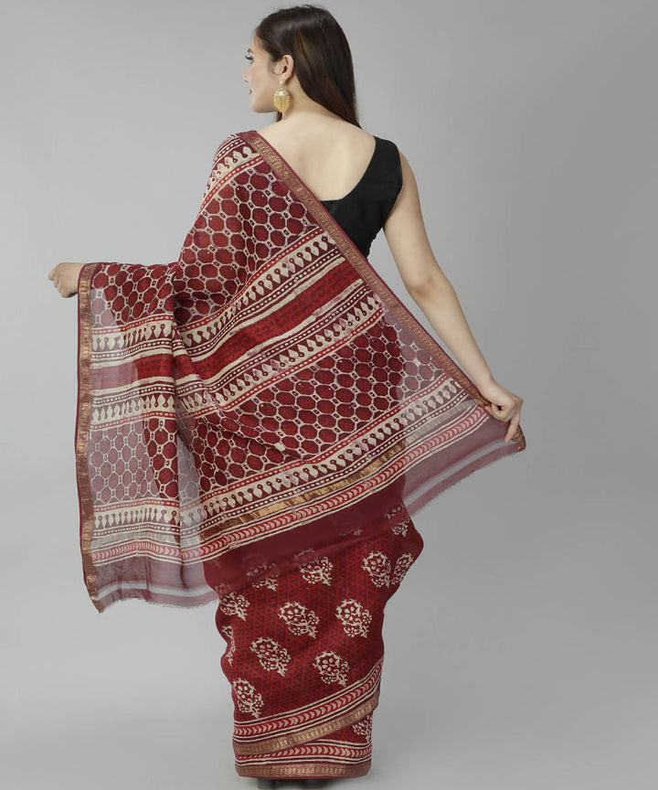 Dark red bagru handblock printed cotton silk saree