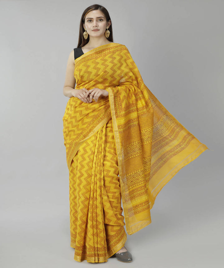 Mustard yellow bagru handblock printed cotton silk saree