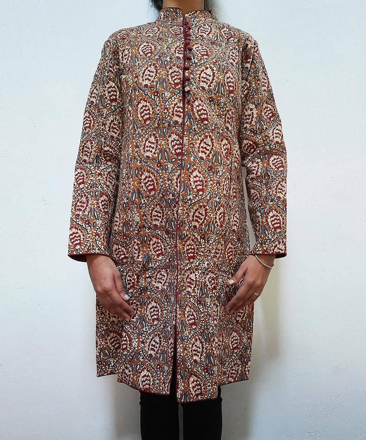 Ochre maroon handblock printed cotton quilted long jacket