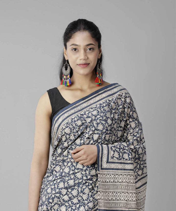 Dark grey bagru handblock printed cotton saree