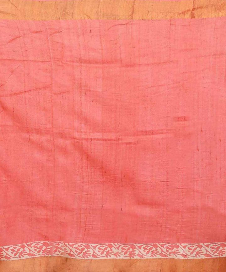 Peach hand block print handwoven mulberry and tussar silk saree