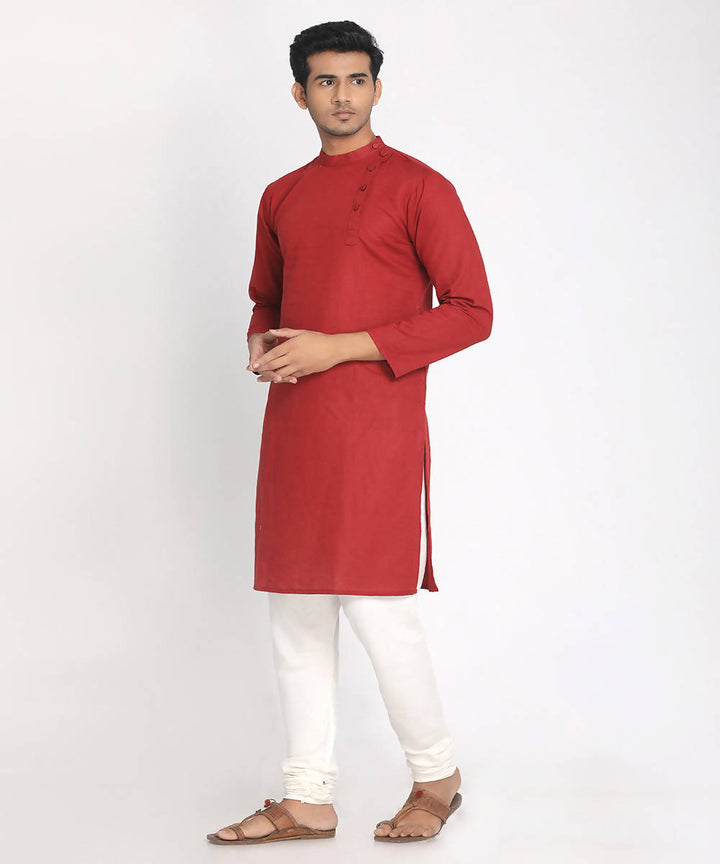 Red cotton straight long kurta with side button