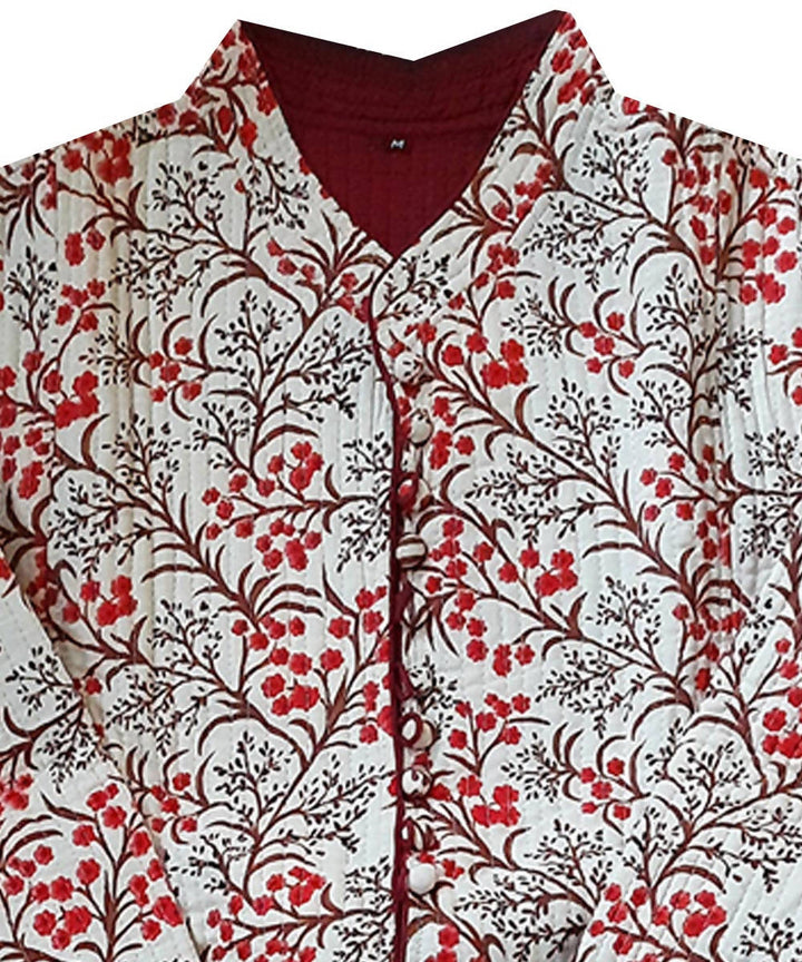 White maroon handblock printed cotton quilted long jacket