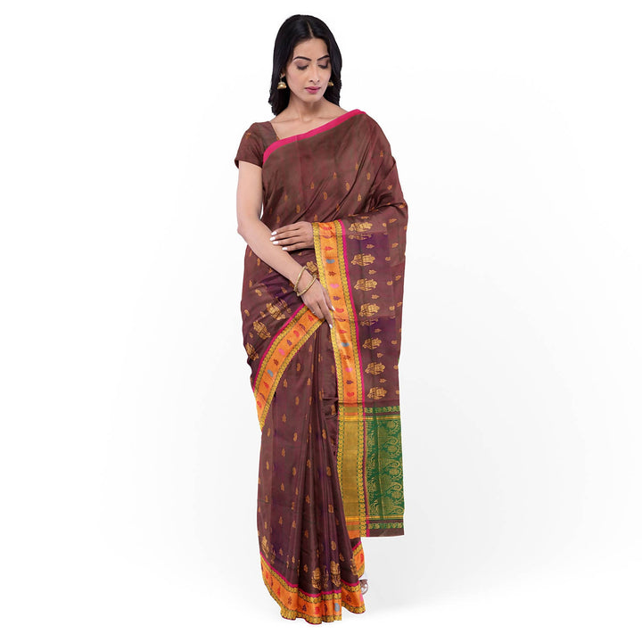 Brown handloom cotton venkatagiri saree