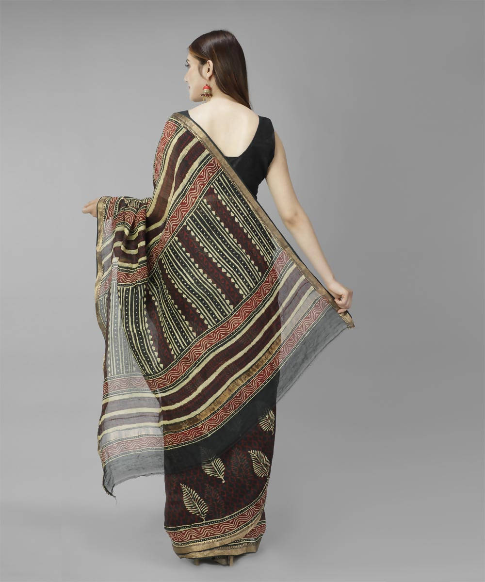 Brown bagru handblock printed linen saree