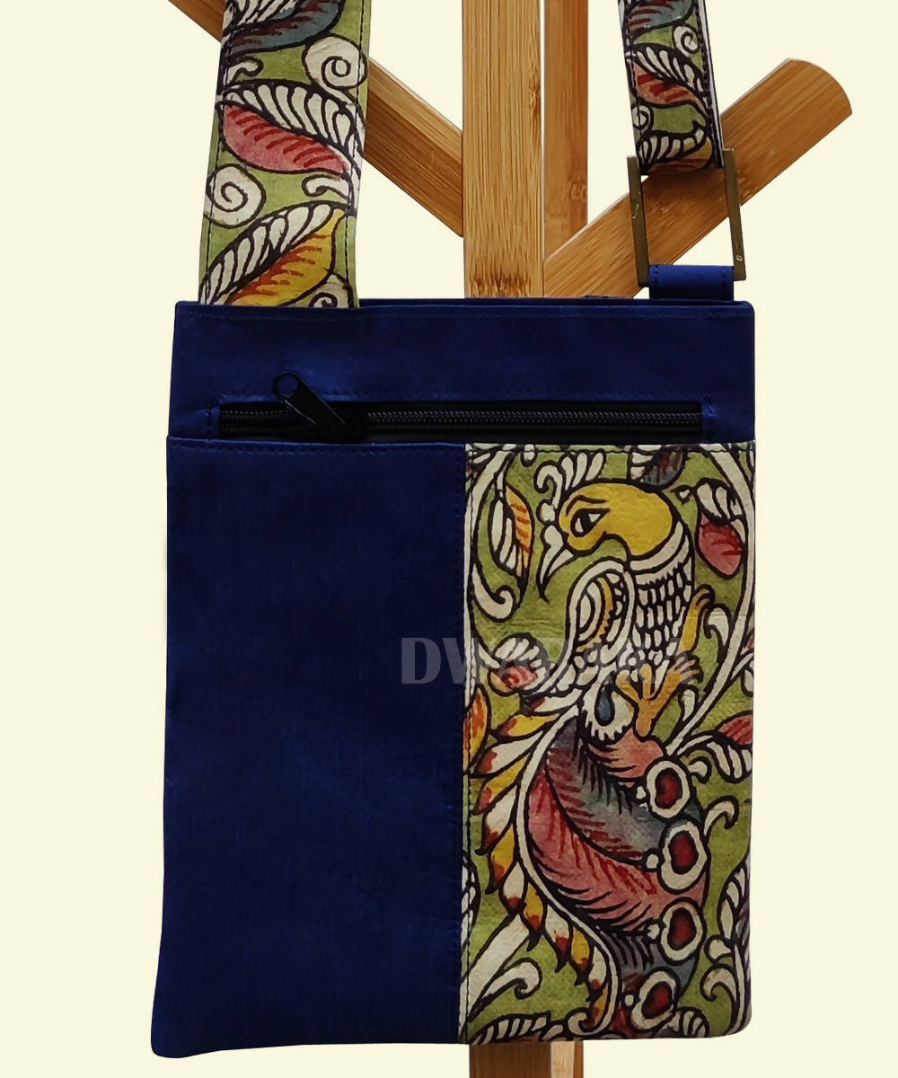 Blue with hand painted kalamkari ghicha silk sling bag