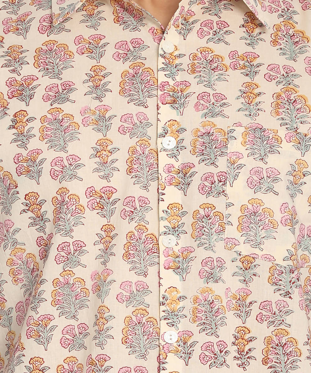 Beige handloom cotton half sleeves printed shirt