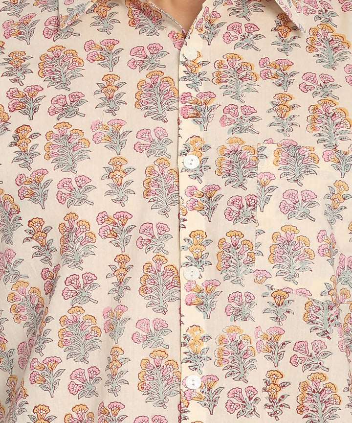 Beige handloom cotton half sleeves printed shirt