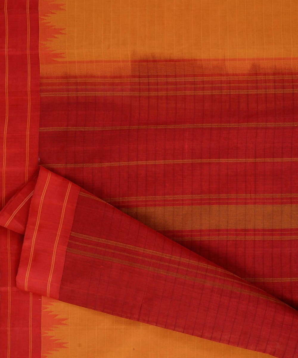 Mustard handloom kanchi cotton saree dark red silk korvai temple border