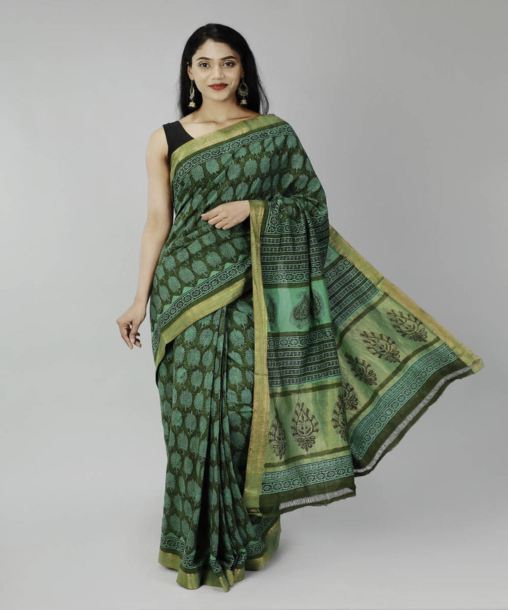 Dark green bagru handblock printed cotton saree