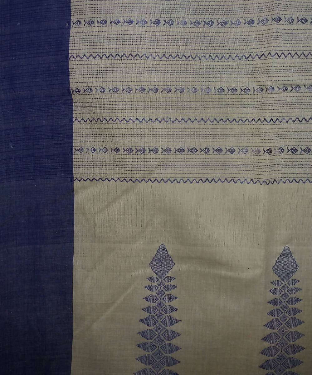 Beige Blue Handspun Handwoven Cotton Saree