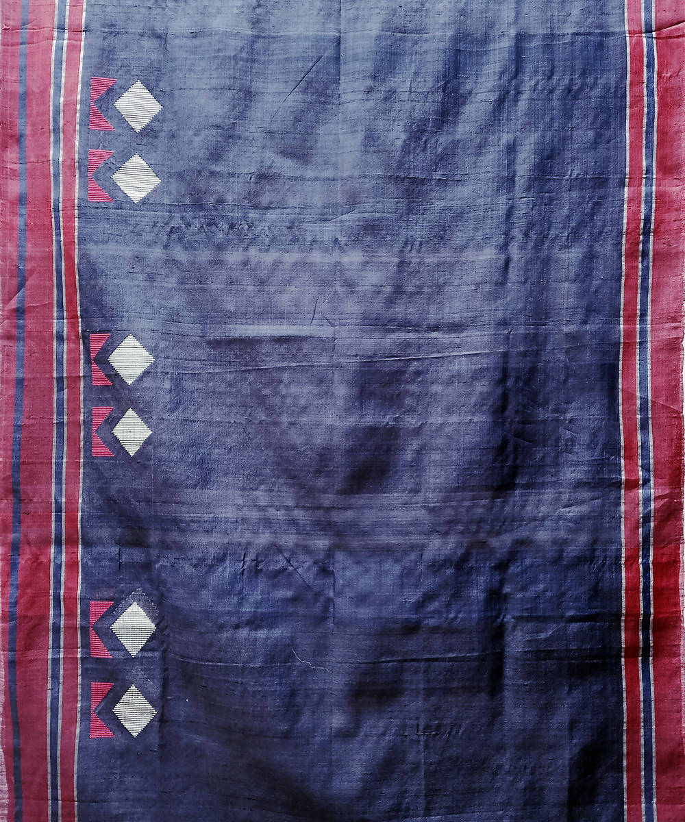 Blue white handwoven extra weft mulberry silk saree