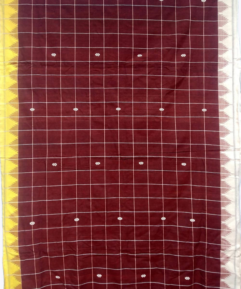 Maroon yellow checks handwoven coarse cotton kotpad saree